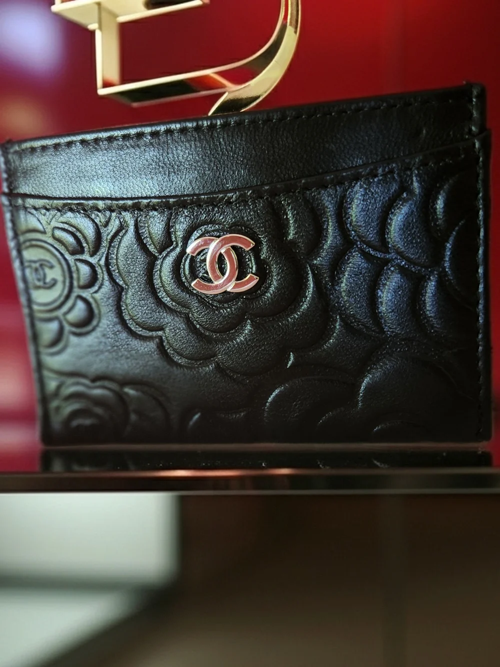 CHANEL Black Camellia Quilted Card Case